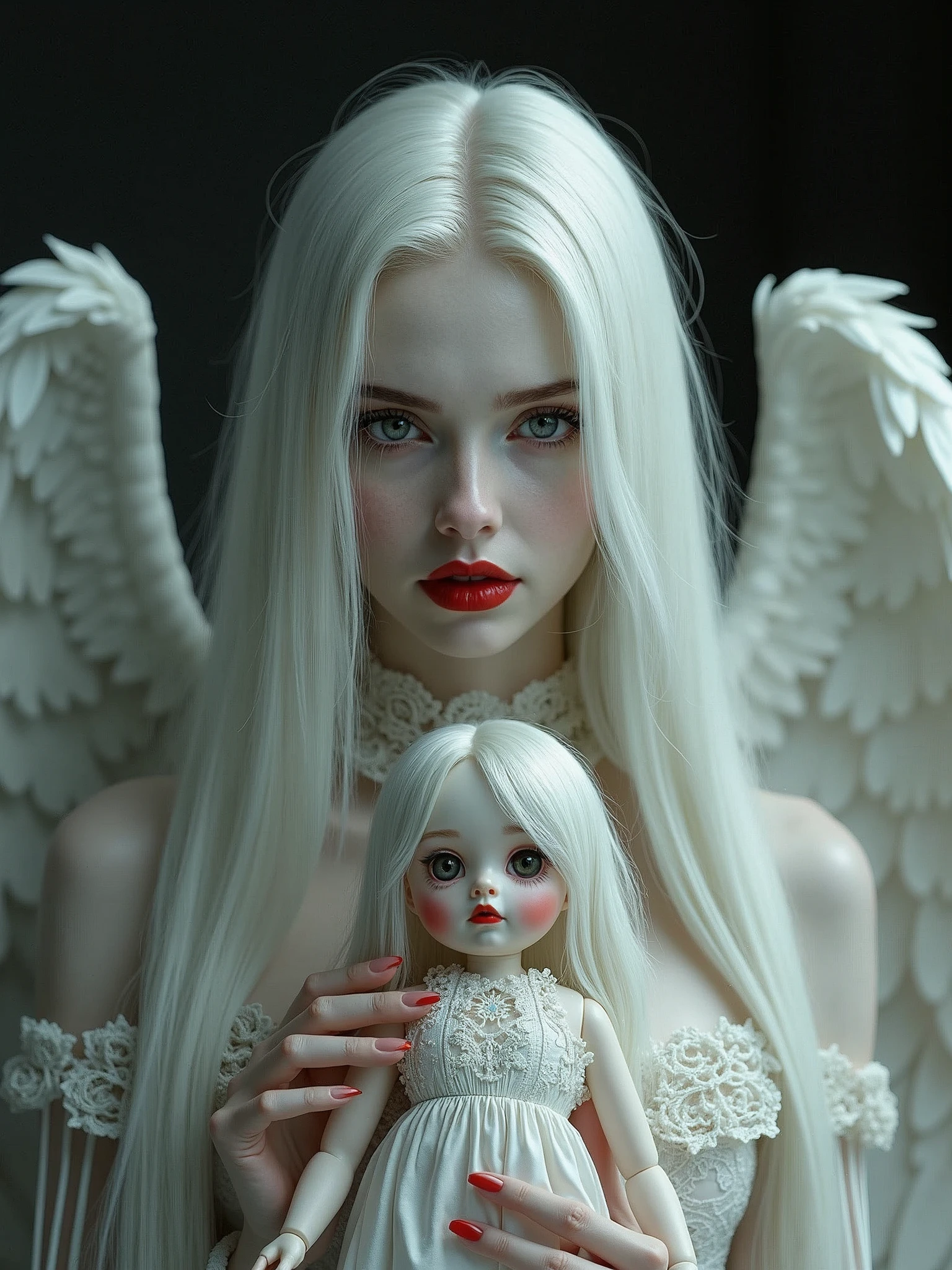 a woman with long white hair and red lipstick, embrace porcelain doll, pale snow white skin, photoreal, portrait sophie mudd, beautiful necromancer girl, character design : : gothic, marie antoinette, monochromatic red, white wolf, kami, ava max, white wings