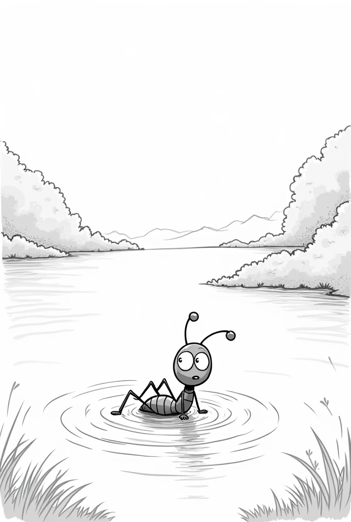 Generate cartoon Sketch of An ant drowning in lake more