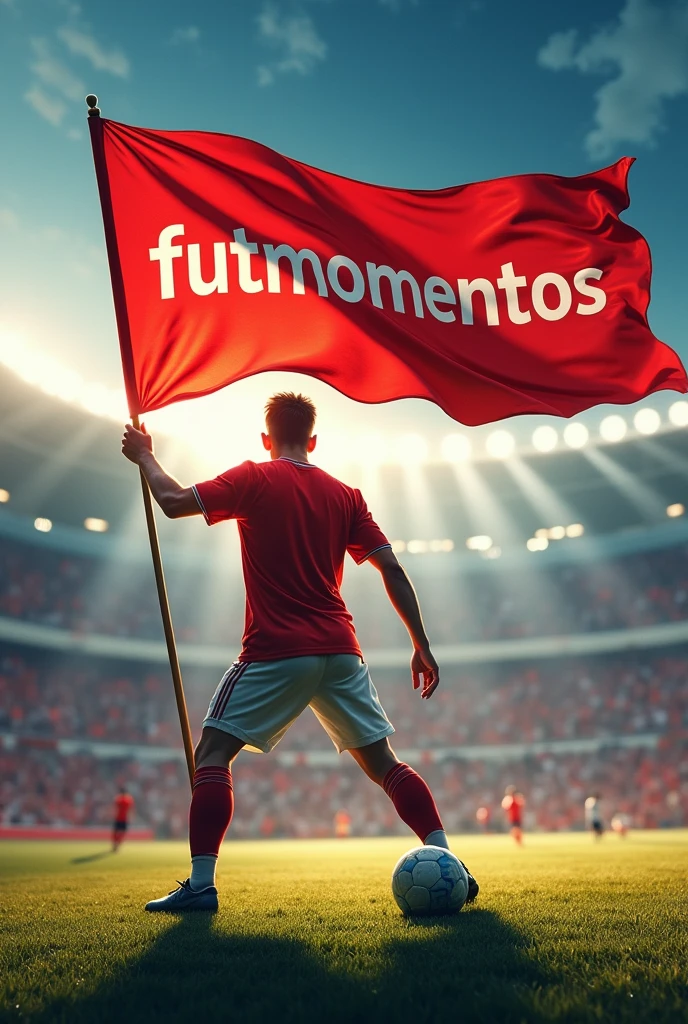 Create a banner of a player holding a flag with futmomentos written on it
