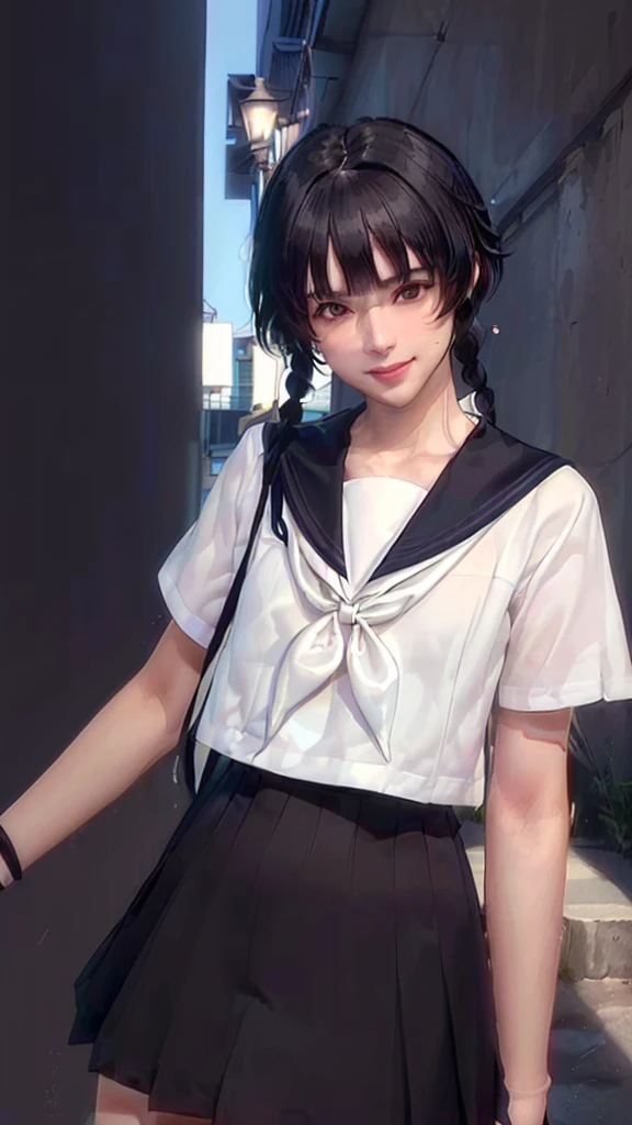 (（（Perfect body,White and tender skin,（（（JK_style，short-sleeved JK_shirt，short-sleeved JK_sailor，JK_suit，JK_tie ）））,（（（sui-feng, short hair, short hair with long locks，Black hair））），((masterpiece)),high resolution, ((Best quality at best)),masterpiece,quality,Best quality,（（（ Exquisite facial features,Looking at the audience,There is light in the eyes,Smile））），）））,（（（Light and shadow,Small chest，）））,（（（Looking at the camera,black background,)））),