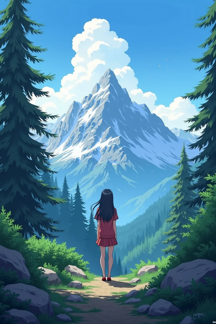 Create a mountain forest scene in which a girl is standing in anime