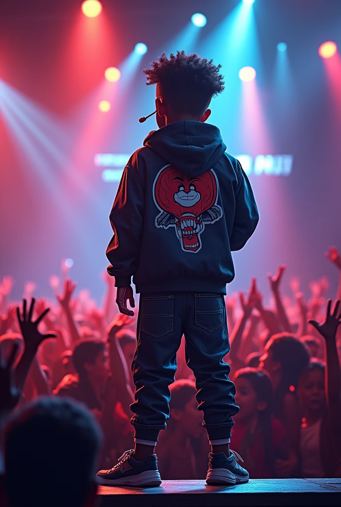 One boy singing to rapp concert 
Name lil_sameer back jacket 