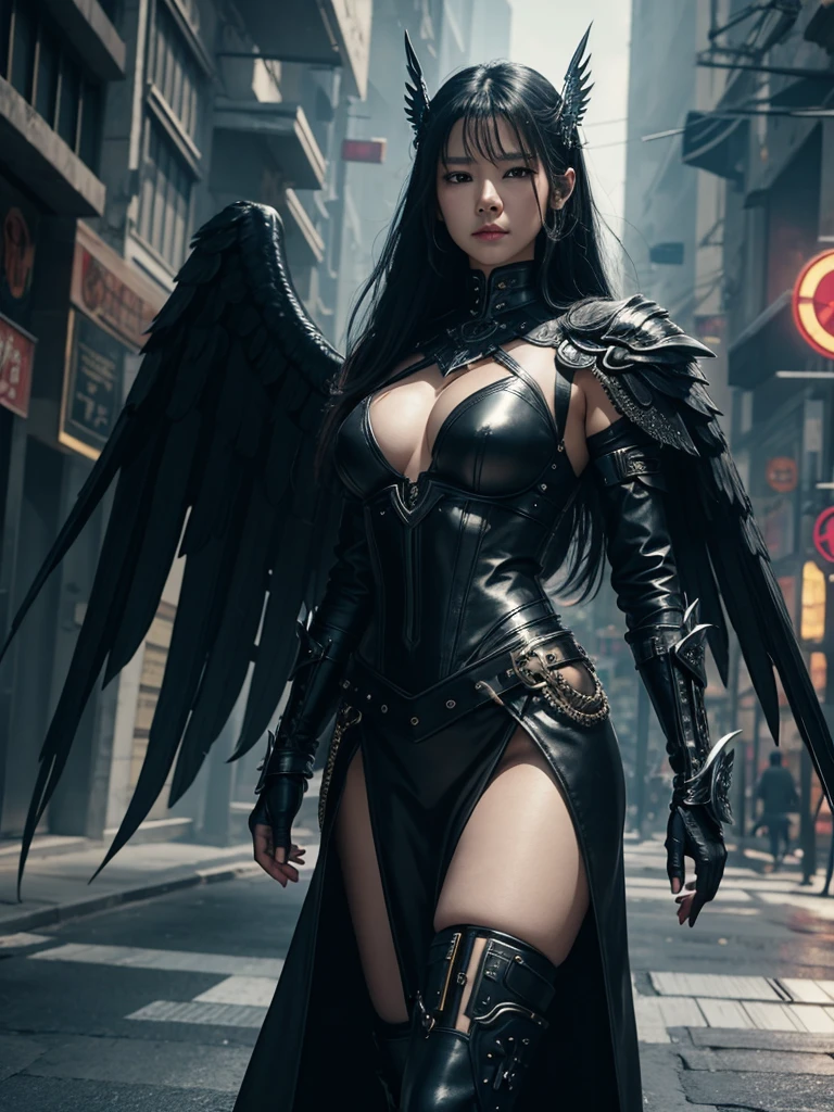 a beautiful latina woman in a black leather outfit and wings walking down a street, cyberpunk art inspired by Chen Yifei, cgsociety contest winner, fantasy art, villainess has black angel wings, seductive cyberpunk dark fantasy, as a mystical valkyrie, very stylish fantasy armor, iu lee ji-eun as a super villain, angel in plastic armor, intricate costume design, fantasy woman