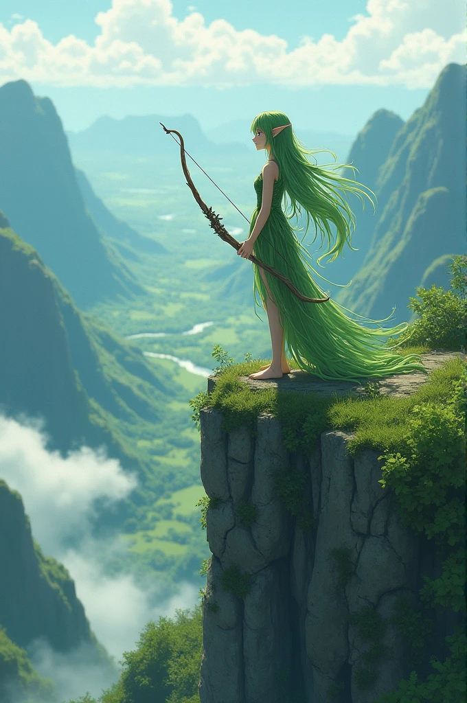 Create an anime image of an elf girl wearing a green dress made from a stick, holding a bow, standing on top of a mountain with her back to the viewer and looking towards the cliff.