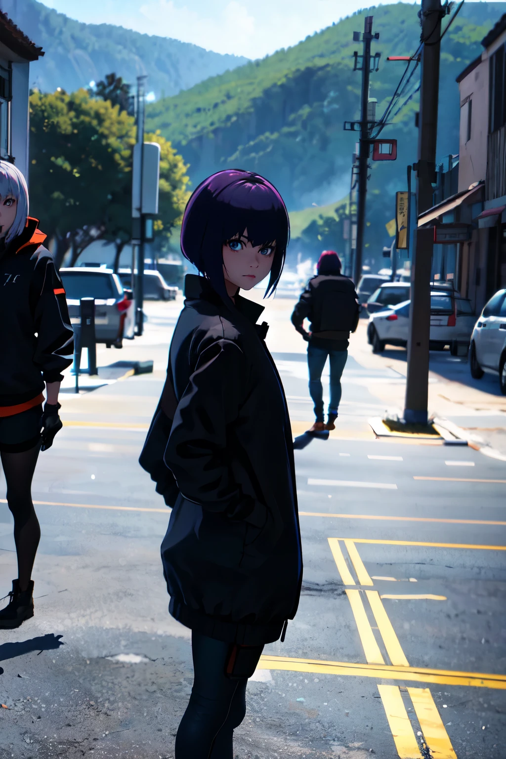 absurderes, best qualityer, 1 girl, standing alone, looking ahead at viewer, eye focus, motoko_Kusanagi, Black jacke