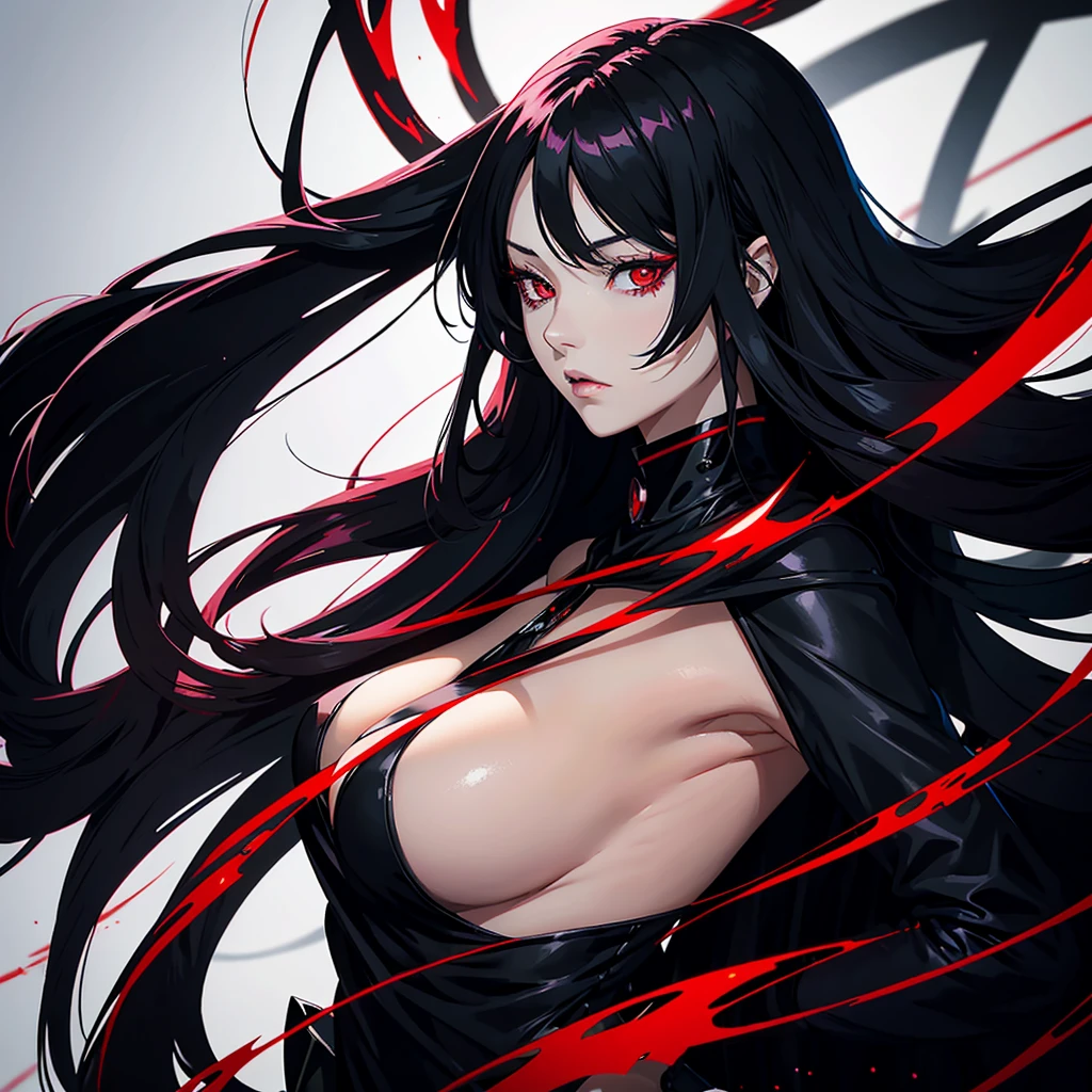 an anime woman, that she is very pretty, with crimson red eyes that have an intense shine, silky long black hair, let it be pale, She looks like a psychopath but is elegant and wears a crimson black dress, her eyes shine like a shooting star but she looks like a dangerous woman capable of killing someone.