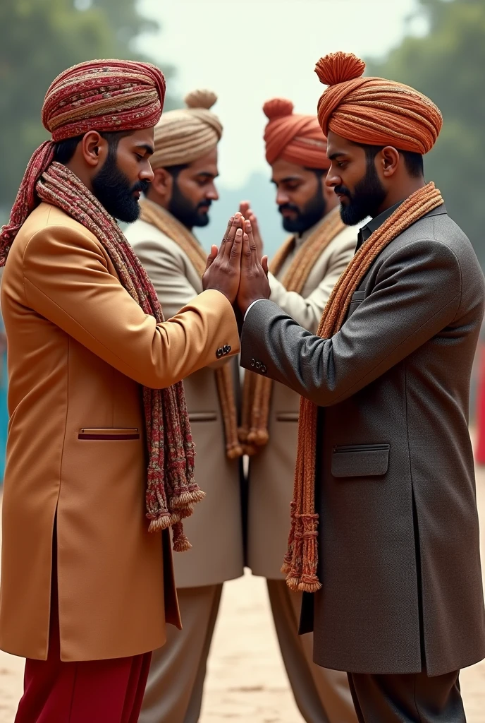 Four men doing namaste in front wearing coat pant or sherwani with pagdi
