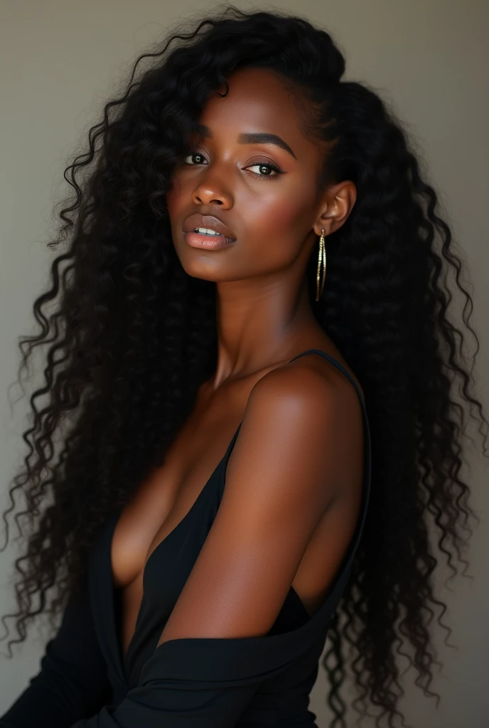  there is a black woman , the woman has, she has dark skin, with dark brownish skin, with long curly, long black loose moisturised curly hair she os modelling for a vogue photo shoot 