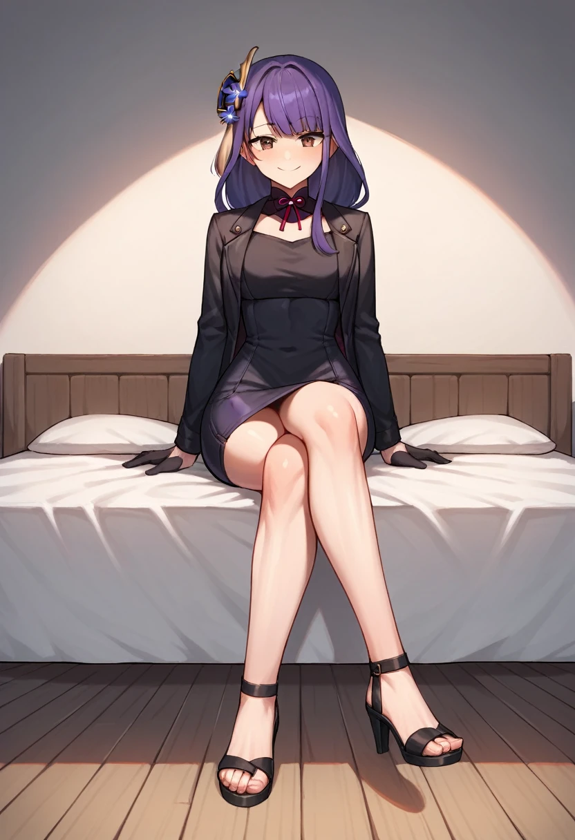 score_9, score_8_up, score_7_up, score_6_up, score_5_up, score_4_up, source_anime, 1girl,lora:raidenshogun1-000009:1>, raidenshogundef, upper body, sexy smile, bed, purple hair, hairpins, brown eyes, long hair, leater jacket, black dress, pants, black high heels, sandals, crossed legs, leather gloves, room, best quality, best res, 4K UHD,