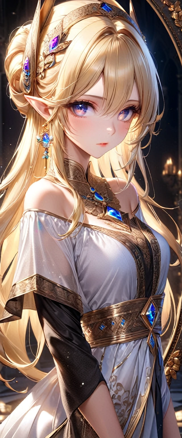 best quality, super fine, 16k, incredibly absurdres, extremely detailed, delicate and dynamic, cool and beautiful pretty elf woman, blonde half-up hairstyle, blonde princess cut hairstyle, blonde hime-cut hairstyle, captivating look, aroused expression, tall and stylish, Arabian style outfit, wonderful effects that highlight the subject, gorgeously decorated frame, gorgeously decorated picture frame, transparent translucent glowing iridescent eyes