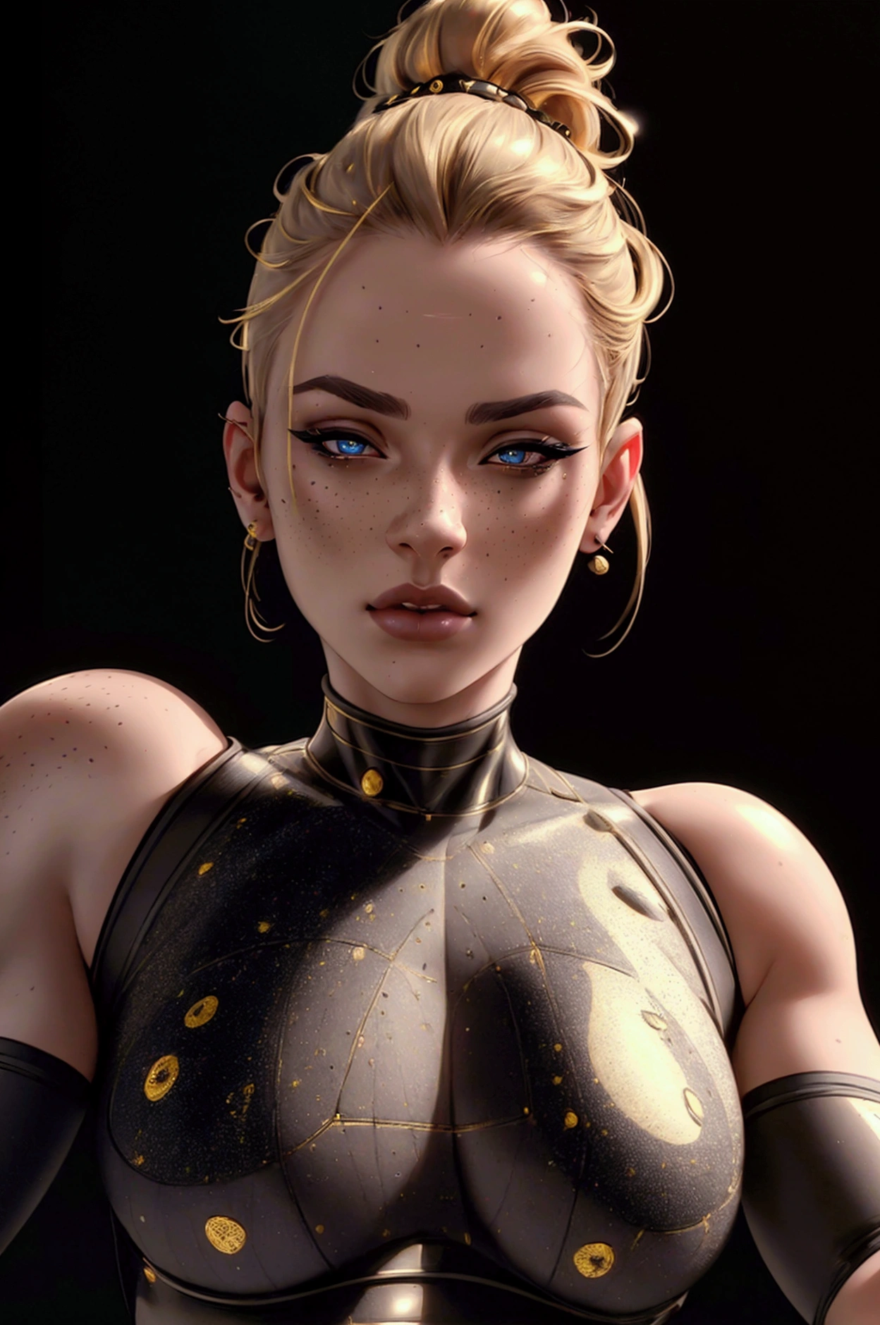 a young blonde girl in a black with gold accent space suit, seductive pose, beautiful detailed eyes, beautiful detailed lips, extremely detailed face, light freckles, detailed muscular body, ponytail hairstyle, (best quality,4k,8k,highres,masterpiece:1.2),ultra-detailed,(realistic,photorealistic,photo-realistic:1.37),sci-fi,dramatic lighting,cinematic