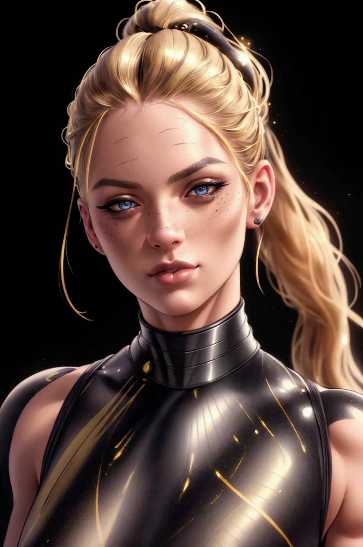 a young blonde girl in a black with gold accent space suit, seductive pose, beautiful detailed eyes, beautiful detailed lips, extremely detailed face, light freckles, detailed muscular body, ponytail hairstyle, (best quality,4k,8k,highres,masterpiece:1.2),ultra-detailed,(realistic,photorealistic,photo-realistic:1.37),sci-fi,dramatic lighting,cinematic