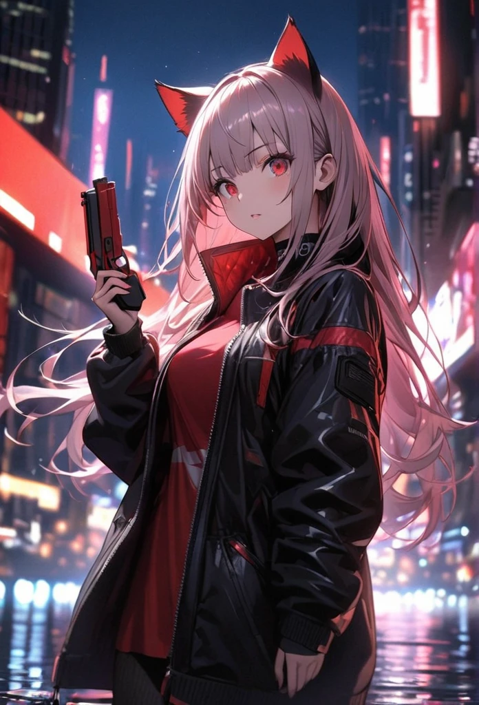 Detailed silhouette of a cyberpunk girl with cat ears, Flowing, Red and black jacket, 彼女は機械のRed Gunを持っている., Stand on the glossy, Minimalist Reflective Surface, The background is a realistic cityscape, A big city with many skyscrapers, night, Background Blur、Red eyes、Red Gun