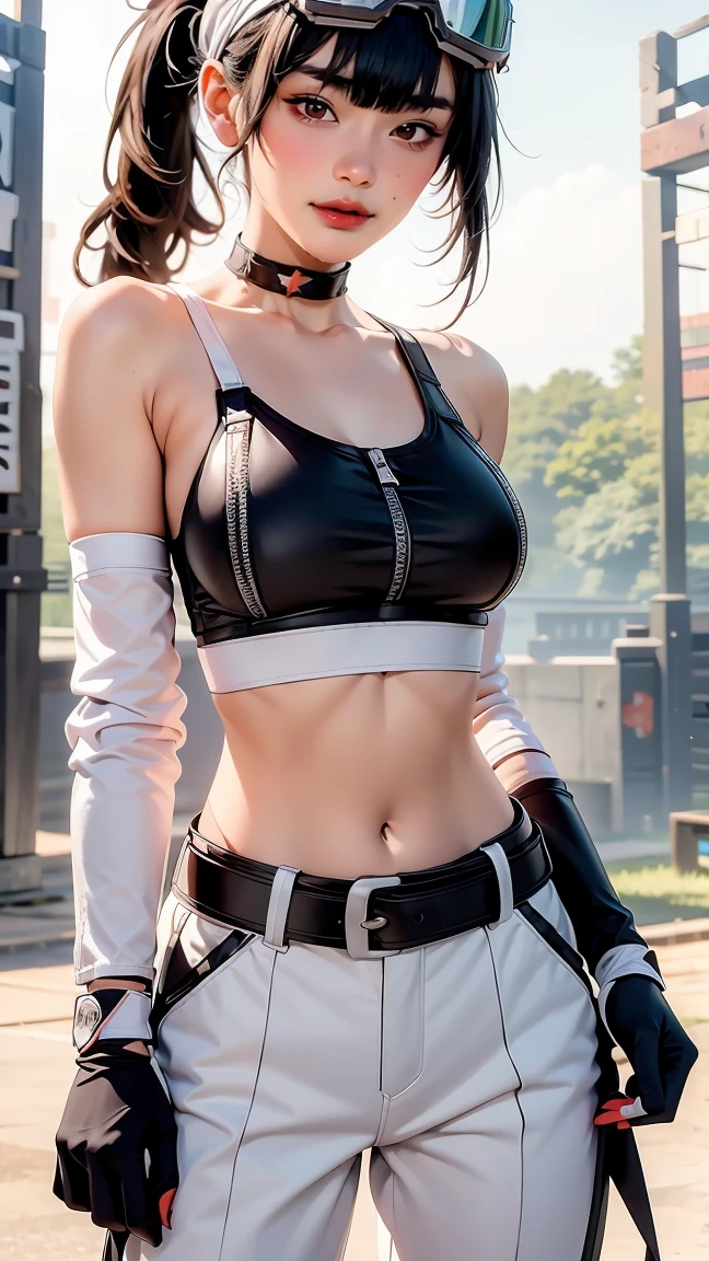 (masterpiece, best quality:1.2), 1girl, solo, Grace Howard, Grace Howard from Zenless Zone Zero, bare shoulders, black choker, black gloves, white gloves, black pants, ((black sports bra)), elbow gloves, ((goggles on head)), looking at viewer, low ponytail, medium breasts, midriff, navel, parted lips, white gloves, zipper, belt
\