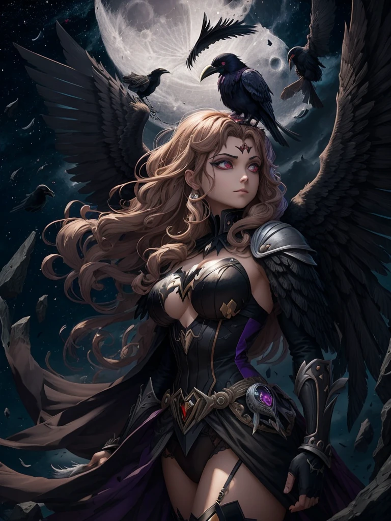 Dark harlequin with light hair and raven wings stands against the moon