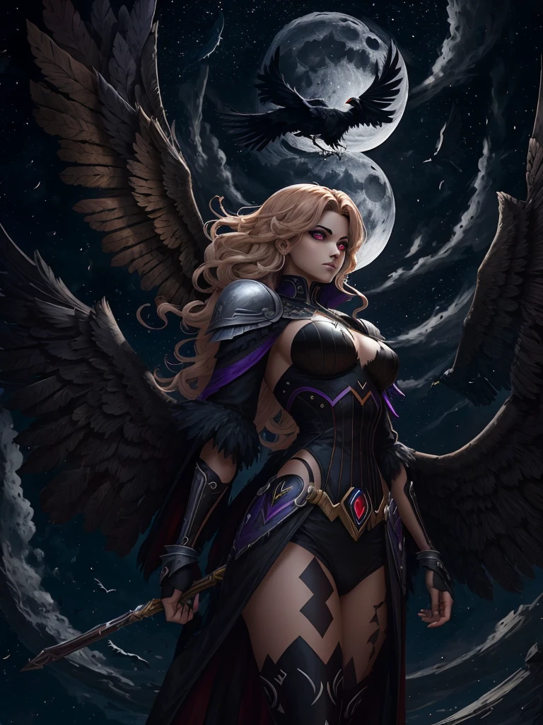 Dark harlequin with light hair and raven wings stands against the moon