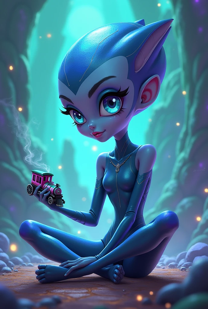 Ben 10 alien x girl playing with toy train holding a mint color candy
