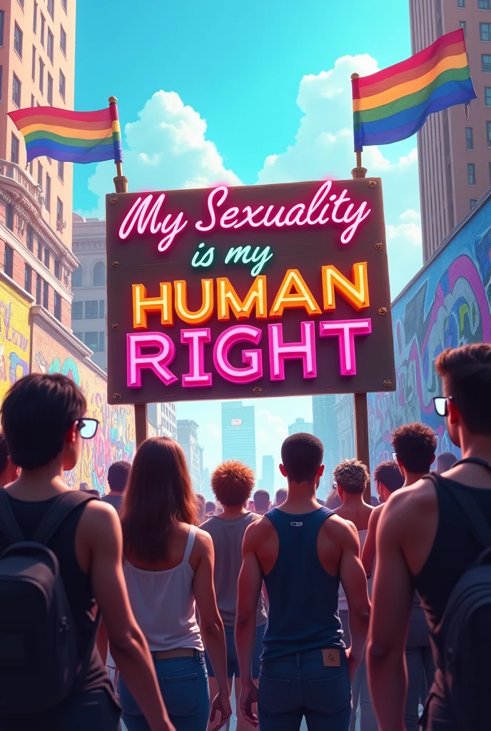 A powerful and striking image of a diverse group of men and women, both Black and white, standing together in solidarity . The vibrant, 3D cursive message on the protest banner reads "My Sexuality is my Human Right." Rainbow flags and Transgender flags flutter in the background against a blue sky and city skyline, emphasizing the LGBTQ+ presence. The atmosphere is light and airy filled with pulsating energy, capturing the strength, love, and support that emanates from this inclusive and accepting gathering. The graffiti on the walls around them adds a layer of vibrant color and urban edge, further fueling the sense of unity and activism., vibrant, graffiti's, there is a sci-fi element to the image