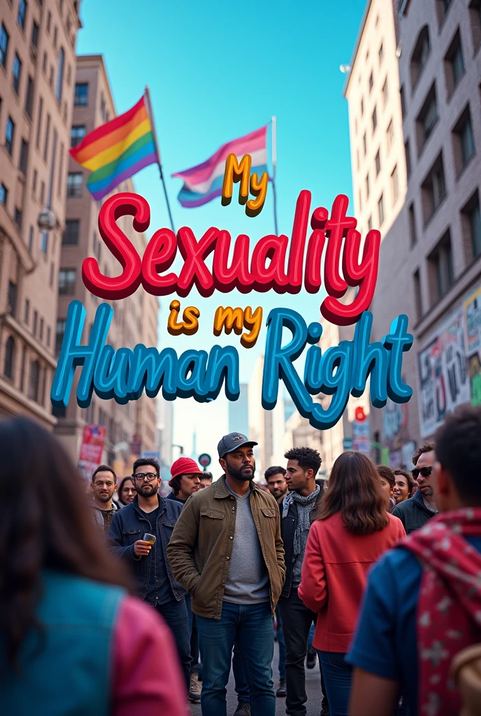 A powerful and striking image of a diverse group of men and women, both Black and white, standing together in solidarity . The vibrant, 3D cursive message on the protest banner reads "My Sexuality is my Human Right." Rainbow flags and Transgender flags flutter in the background against a blue sky and city skyline, emphasizing the LGBTQ+ presence. The atmosphere is light and airy filled with pulsating energy, capturing the strength, love, and support that emanates from this inclusive and accepting gathering. The graffiti on the walls around them adds a layer of vibrant color and urban edge, further fueling the sense of unity and activism., vibrant, graffiti's, there is a sci-fi element to the image