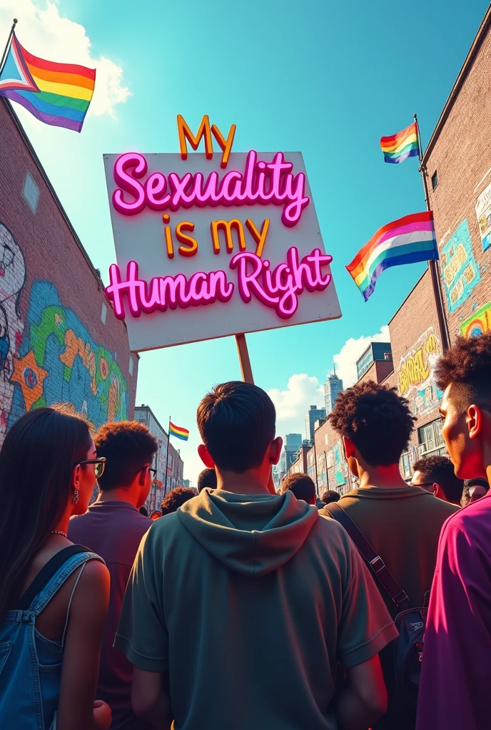 A powerful and striking image of a diverse group of men and women, both Black and white, standing together in solidarity . The vibrant, 3D cursive message on the protest banner reads "My Sexuality is my Human Right." Rainbow flags and Transgender flags flutter in the background against a blue sky and city skyline, emphasizing the LGBTQ+ presence. The atmosphere is light and airy filled with pulsating energy, capturing the strength, love, and support that emanates from this inclusive and accepting gathering. The graffiti on the walls around them adds a layer of vibrant color and urban edge, further fueling the sense of unity and activism., vibrant, graffiti's, there is a sci-fi element to the image