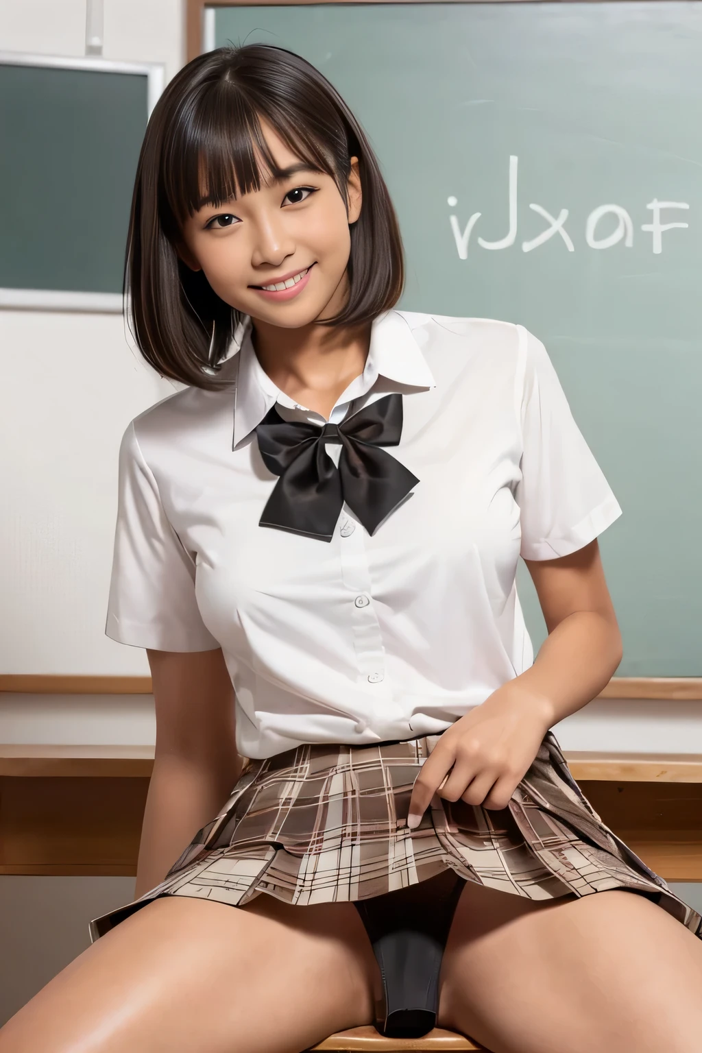 (masterpiece:1.3, highest quality), (realistic, photorealistic:1.4), perfect lighting, perfect anatomy, looking at the viewer, full body, Front view:0.6, 1 girl, alone, Japanese, high school girl, Improve, big breasts, big ass, seductive thighs, skin dents,
(short hair), asymmetrical bangs, brown eyes, parted lips, (very tanned and shiny skin), smile,
beautiful hair, beautiful face, highly detailed face, detailed and beautiful eyes, beautiful clavicle, beautiful body, beautiful breasts, beautiful thighs, beautiful feet, beautiful fingers, ((collared short sleeve shirt, white shirt, school uniform, pink plaid pleated skirt, black tie)), white panties, polka dot hair scrunchie,
( sexy pose), (enchanting smile), evening,Sit in the classroom,gal,(brown skin:1.5),(view from below), 1dildo
underwear
dildo under panties
dildo under clothes
dildo in pussy, open legs,