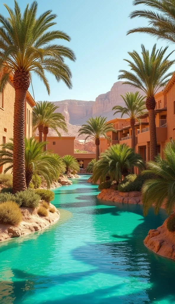 Desert oasis, palm trees, turquoise water, warm colors.