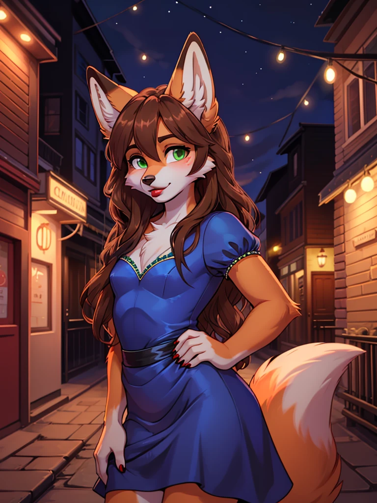 Best quality, furry male fox with green eyes, with brown long hair, with black spout, with red lipstick on lips, big lips, in a blue dress, crossdressing, shy, shows her beauty, sexy pose, portrait, Against the background of the night street