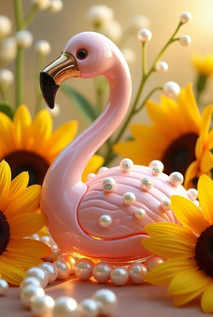 Flamingo bottle perfume with pearls around the elegant and luxurious bottle , unique with fruity and sweet notes, flamingo with sunflower flowers