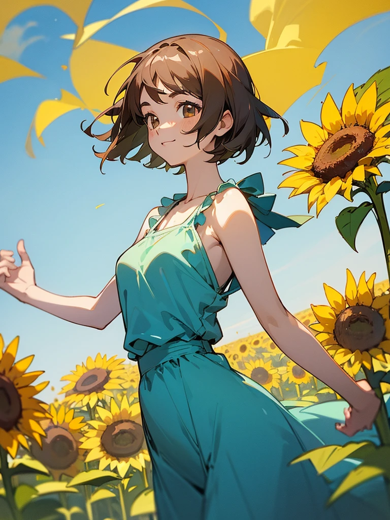 master piece, best quality, for below, cinematic angle, upper body , pigeon toed,
Anime-style Moe illustration, summer vacation theme, 20-year-old woman, sunflower field, short hair,
Picnic Maxi Dress, slightly inner thighs, smile, accurate drawing, Active pose, Active Angle,