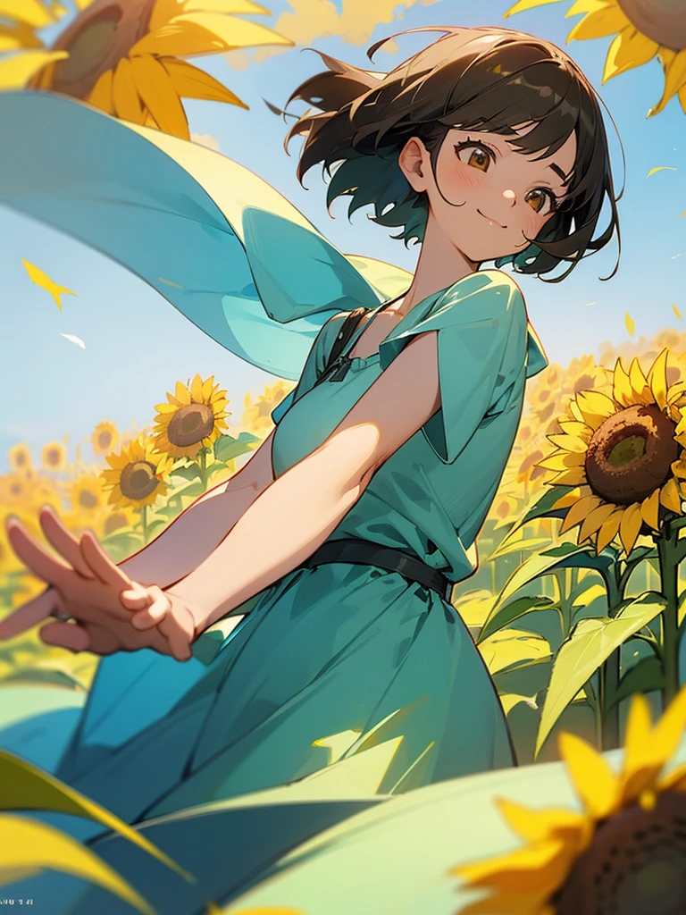 master piece, best quality, for below, cinematic angle, upper body , pigeon toed,
Anime-style Moe illustration, summer vacation theme, 20-year-old woman, sunflower field, short hair,
Picnic Maxi Dress, slightly inner thighs, smile, accurate drawing, Active pose, Active Angle,