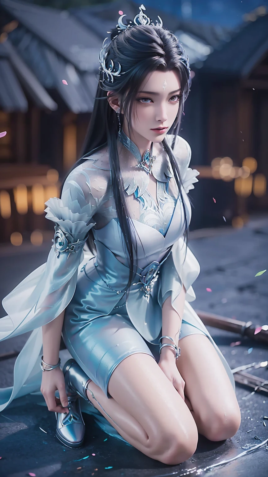 A beautiful anime girl kneeling in the starry sky, with water splashing around her knees, CG trend, smooth anime CG art, starry sky background, full body view, elegant lady kneeling pose, intricate detailed facial features, beautiful defined eyes, sharp nose, delicate lips, long eyelashes, pale skin, detailed clothing folds, soft lighting, vibrant colors, cinematic composition, masterpiece, 8k, hyper detailed, photorealistic, award winning digital art