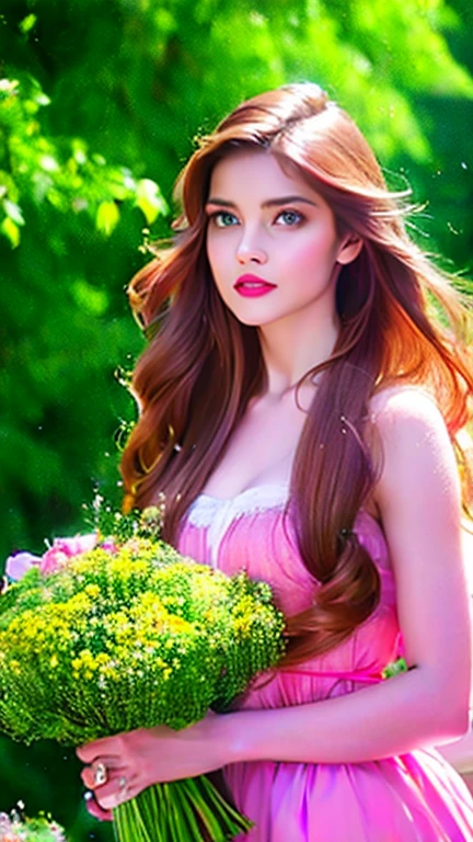 a beautiful woman with caramel-colored hair, long straight hair, flowing hair, light green eyes, pure and vivid, fleshy and pink mouth, fair and classic skin, woman of extreme beauty, a perfect goddess, commoner clothing style of the Victorian era, holding a bouquet of colorful flowers, in the background French colony of the Victorian era, wallpaper 4k, 32k Ultra, Ultra Hd, cinematic lighting, movie poster, Top Quality、超High Resolution A