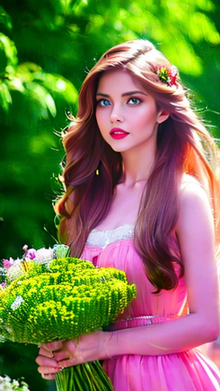 a beautiful woman with caramel-colored hair, long straight hair, flowing hair, light green eyes, pure and vivid, fleshy and pink mouth, fair and classic skin, woman of extreme beauty, a perfect goddess, commoner clothing style of the Victorian era, holding a bouquet of colorful flowers, in the background French colony of the Victorian era, wallpaper 4k, 32k Ultra, Ultra Hd, cinematic lighting, movie poster, Top Quality、超High Resolution A