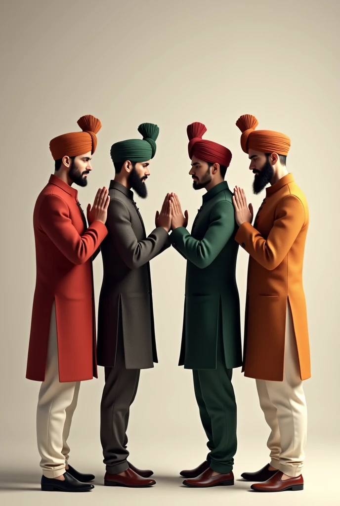 Four men doing namaste in front of camer wearing coat pant or sherwani with pagdi