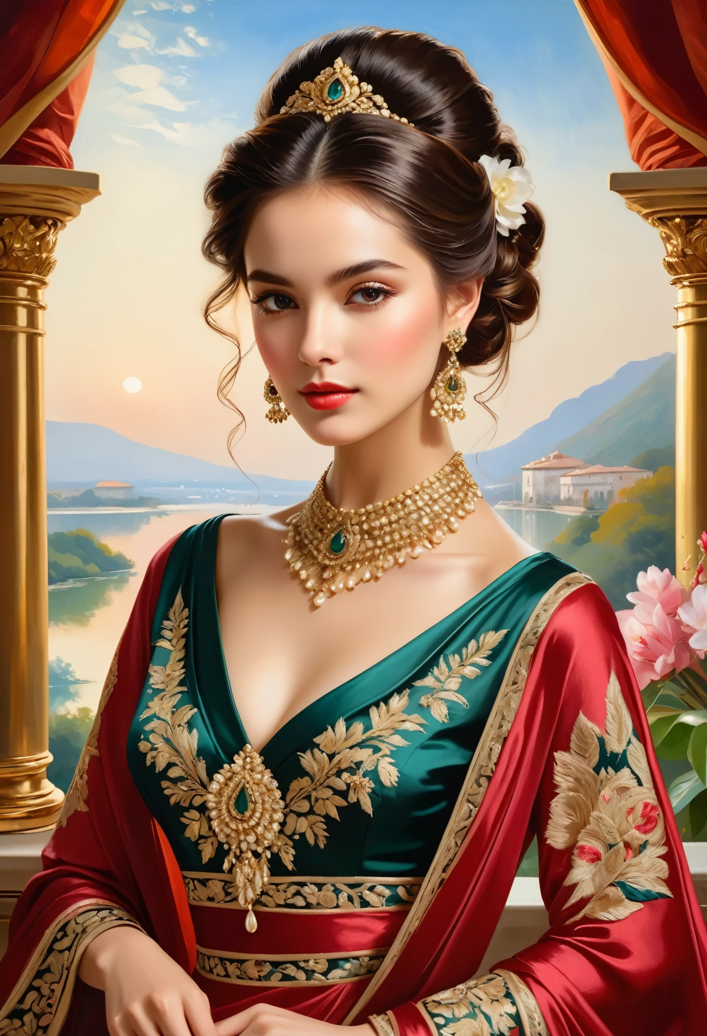 A stylish and elegant young woman from privileged society, her refined features exude sophistication and grace. This exquisite portrait, possibly a beautifully crafted oil painting, showcases her in a flowing gown of luxurious silk, adorned with intricate lace and delicate embroidery. Every meticulous brushstroke captures the essence of opulence, from the shimmering jewels adorning her neck to the intricate updo that perfectly frames her face. The image radiates an aura of wealth and stature, transporting viewers into the glamorous world of high society