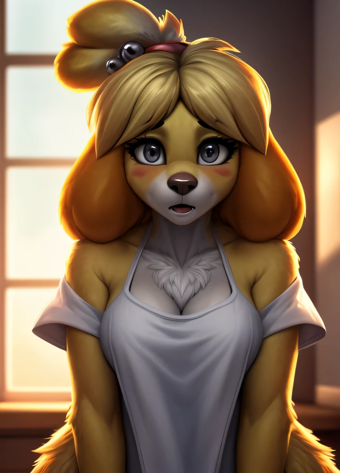 (masterpiece, Best Quality), 1 girl, beautiful face, [Isabelle: animal crossing], (1 girl, Alone:1.3), [background: living room], Whole body, detailed face, surprised, blushing, Wet, perfect ass, perfect body, Soft fur, Wet fur, fluffy fur, ((solo portrait)), ((front view)), ((furry; anthro)), ((detailed fur)), ((detailed shading)), ((beautiful render art)), Artificial light, (Looking at you), Using a towel 