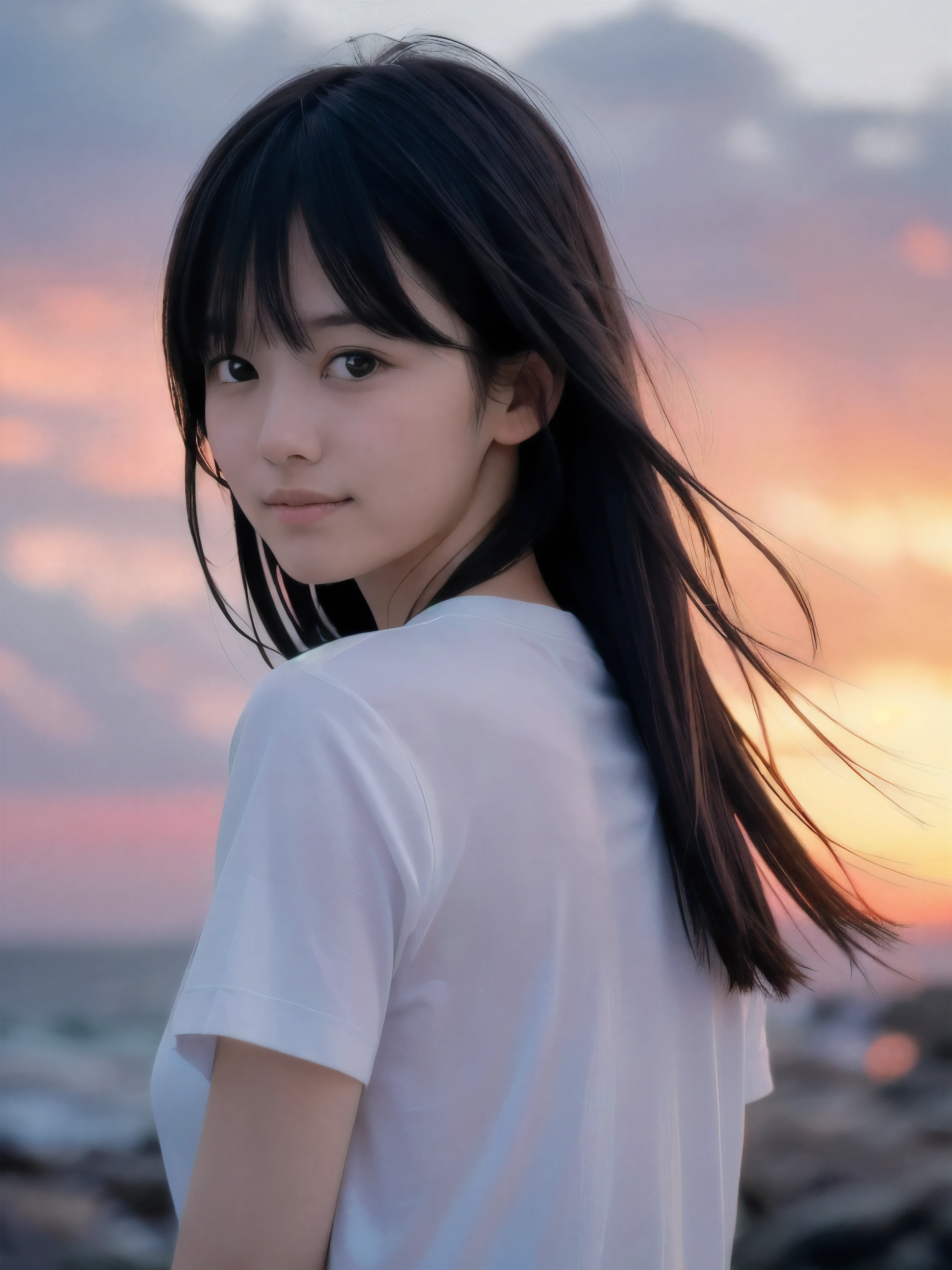 (Close up face shot of slender small-breasted two side up black medium hair with bangs girl wearing a white T-shirt only:1.5)、(One girl is looking back and lonely smile with tears on the coast in Japan:1.5)、(Beautiful after sunset red sky with red big cloud:1.5)、(blurred background:1.5)、(Natural light:1.5)、(8k ultra detailed master piece:1.5)、(perfect anatomy:1.5)、(Photorealistic stick:1.5)、(Raw photo:1.3)、(highest quality:1.5)、(High resolution:1.3)、(Delicate and beautiful perfect face:1.3)、(Delicate and beautiful eye air skin:1.3)、(Real Human Skin:1.3)、((thin legs))