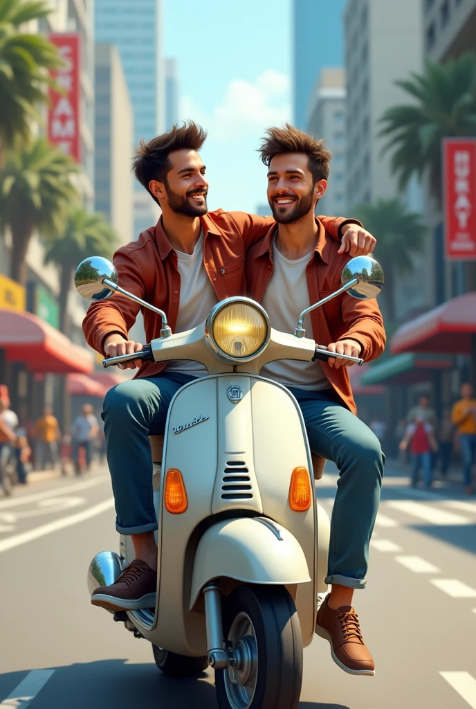Two male friends on a moped
