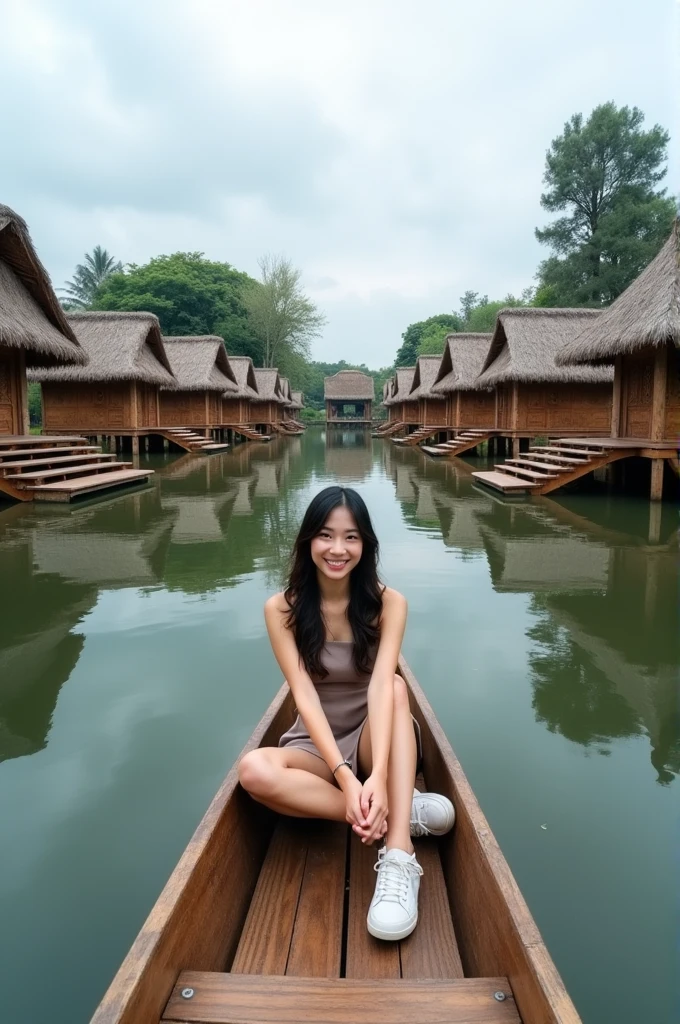 Wide portrait of a Korean woman with long hair, wearing a Halter dress, sneakers, sitting on a wooden boat in the middle of a calm lake. in the distance there are several small wooden huts with thatched roofs, the walls and floors are made of unique triangular shaped teak planks and there are teak plank stairs with a plank platform and a traditional feel with verandas reflected in the calm water, surrounded by lush greenery and tall trees towering under a cloudy sky, this place is known as "Dusun Bambu Lembang" Bandung Indonesia. The atmosphere is calm and beautiful, smiling at the camera