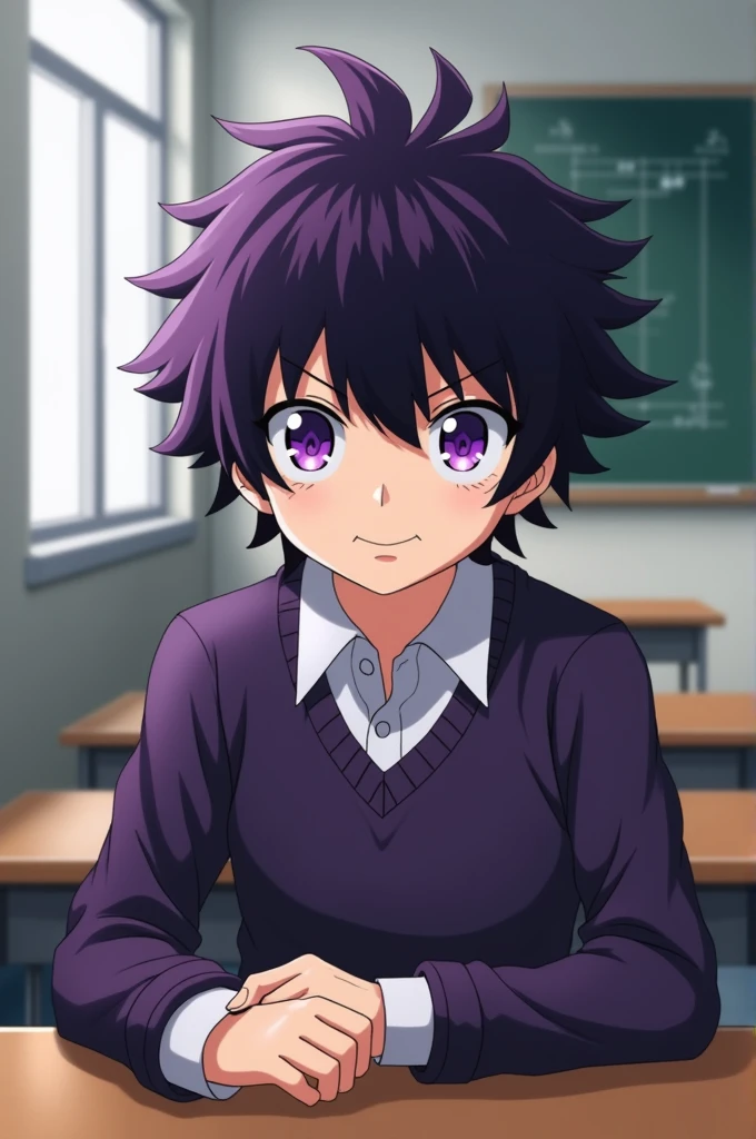 Screenshot of my hero academia.
Boy with somewhat long and slightly disheveled purple hair, with purple eyes with star-shaped pupils and has a somewhat serious expression,He is wearing the UA uniform and in the background he has a UA classroom and he is sitting at a table 