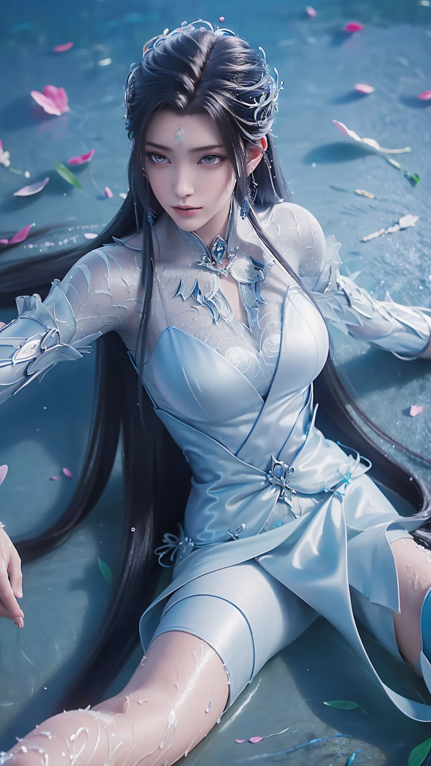 a girl lying on a bed under the starry sky, delicate smile, beautiful detailed eyes, beautiful detailed lips, extremely detailed face and eyes, long eyelashes, voluptuous figure, flowing hair, navel, best quality, masterpiece, super high resolution, (photorealistic:1.4), RAW photograph, (beautiful face:1.2), (lying on water surface:1.5), 1 girl, (surreal), (8K), (4K), physically-based rendering, starry sky, ((full body shot)), bare feet, cross-legged