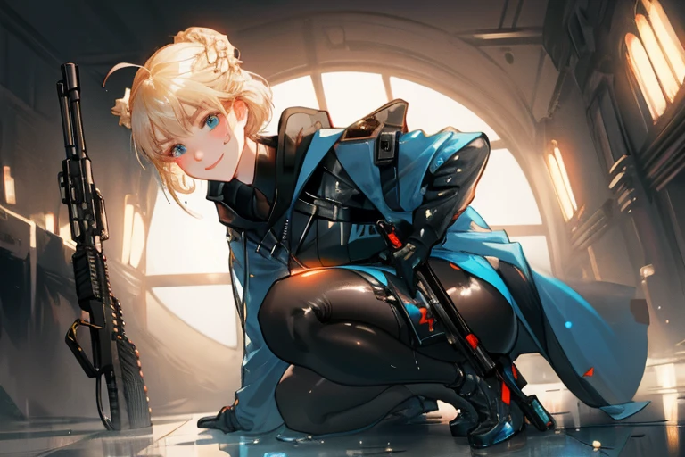 score_9, score_8_up, score_7_up, score_6_up, source_anime:1.2, rating_????????, masterpiece, absurdres, (high quality), (detailed lighting), detailed skin,  gleaming skin, oil skin, detailed character design, (((perfect face))), (((beautiful face))), (((detailed face))),ultra-high resolution, perfectly composed, clear, breathtaking attention to detail, highres, ultra detail, 8k wallpaper, girl, Saber,blonde hair, short hair, sidelocks, bangs, ahoge, single hair bun, french braid, lips, ??? visible through thighs, assault rifle, black ????????,  bodystocking, ????????, ???????, bullpup, covered navel, full body, gloves, rifle, holding, holding weapon, hood, looking at viewer, ????????????, open coat,wet,wet clothes, wet hair, soaking wet, , science fiction, cyberpunk, cyberpunk city, midnight, scope, skin tight, sniper rifle, solo, trigger discipline, weapon,light frown, smiling at viewer, on side,on one knee,upper body,