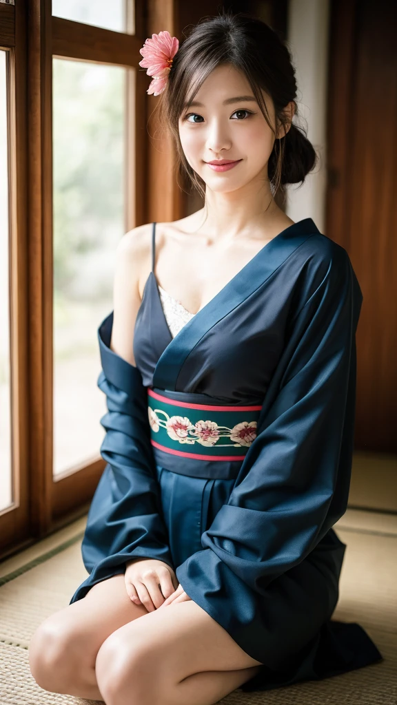 ulzzang-6500-v1.1, (Raw photo:1.2), (Photorealistic), (Genuine:1.4), (Mastepiece), there is a woman In kimono Sitting on the floor, in kimono, Blatant shoulders、clavicle、Mature Woman, wear Kimono, Beasts, Flower Hair Ornaments, yukata, In kimono, Japanese style, wearing a haori, mitsumayo, Japanese hairstyle、Mysterious Smile、Eyeliner、Makeup、