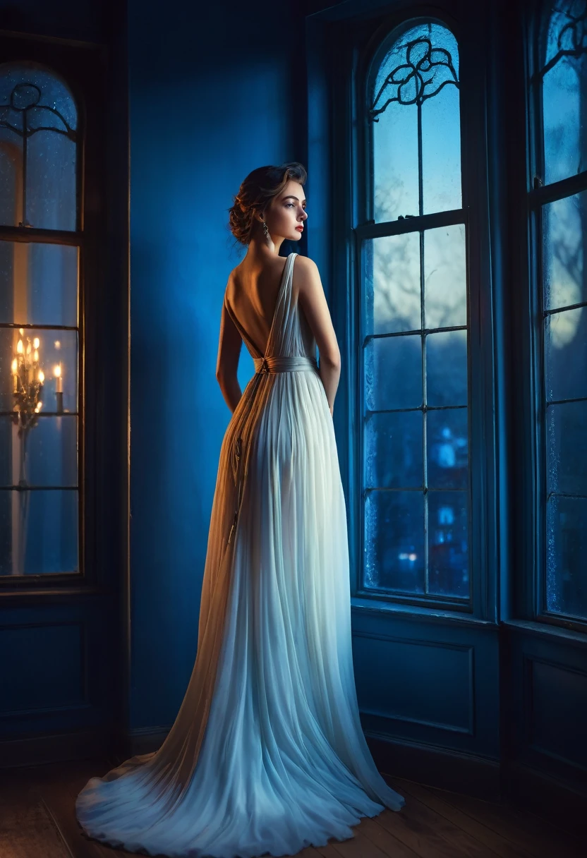 arafed woman in a dress standing in front of a window, a picture by Marie Bashkirtseff, shutterstock, romanticism, half-turned lady in evening gown, flowing gown, wearing a flowing dress, mysterious woman, haunting beautiful young woman, wearing a white flowing dress, flowing dress, woman in dress, extremely moody blue lighting, miss aniela
