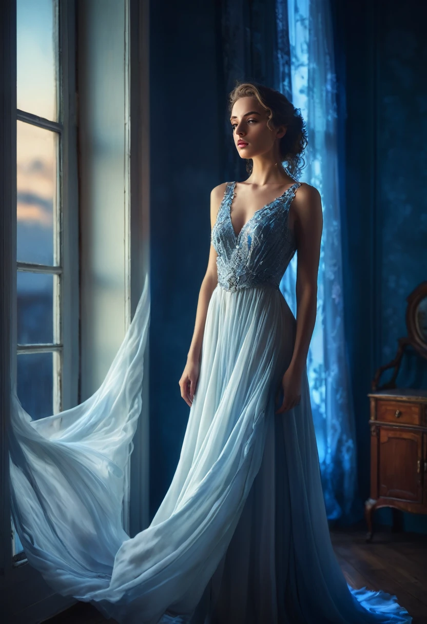 arafed woman in a dress standing in front of a window, a picture by Marie Bashkirtseff, shutterstock, romanticism, half-turned lady in evening gown, flowing gown, wearing a flowing dress, mysterious woman, haunting beautiful young woman, wearing a white flowing dress, flowing dress, woman in dress, extremely moody blue lighting, miss aniela
