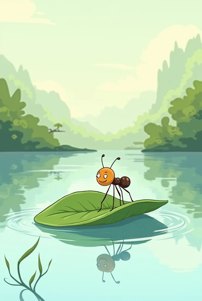 Generate cartoon Sketch of An ant getting on a leaf in a lake