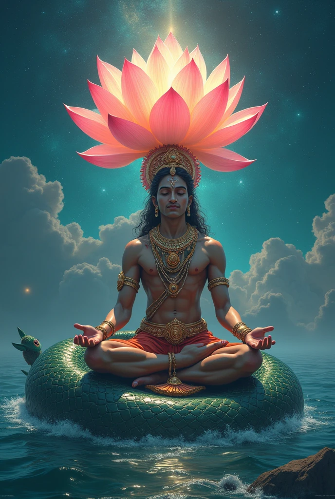 Lord Vishnu lying in the cosmic ocean on top of the great serpent with 1000 head and lotus originates from his navel