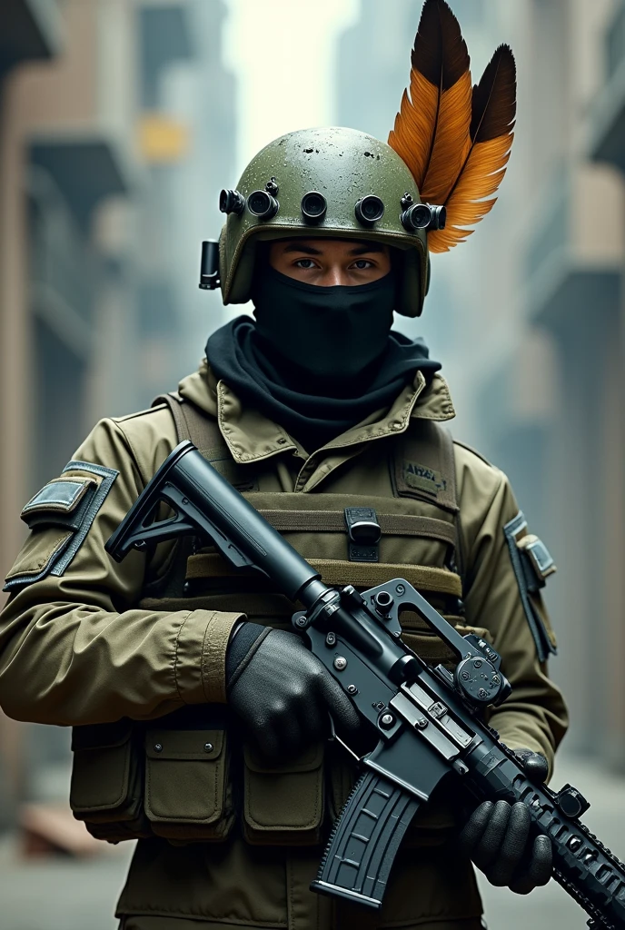 Modern soldier wearing military helmet with few large woodpecker feathers behind, making it the highlight of the soldier, and his helmet has night vision with 4 visors, and a balaclava showing only the soldier's eyes, as he stands in very tactical gear holding an m4a1 rifle