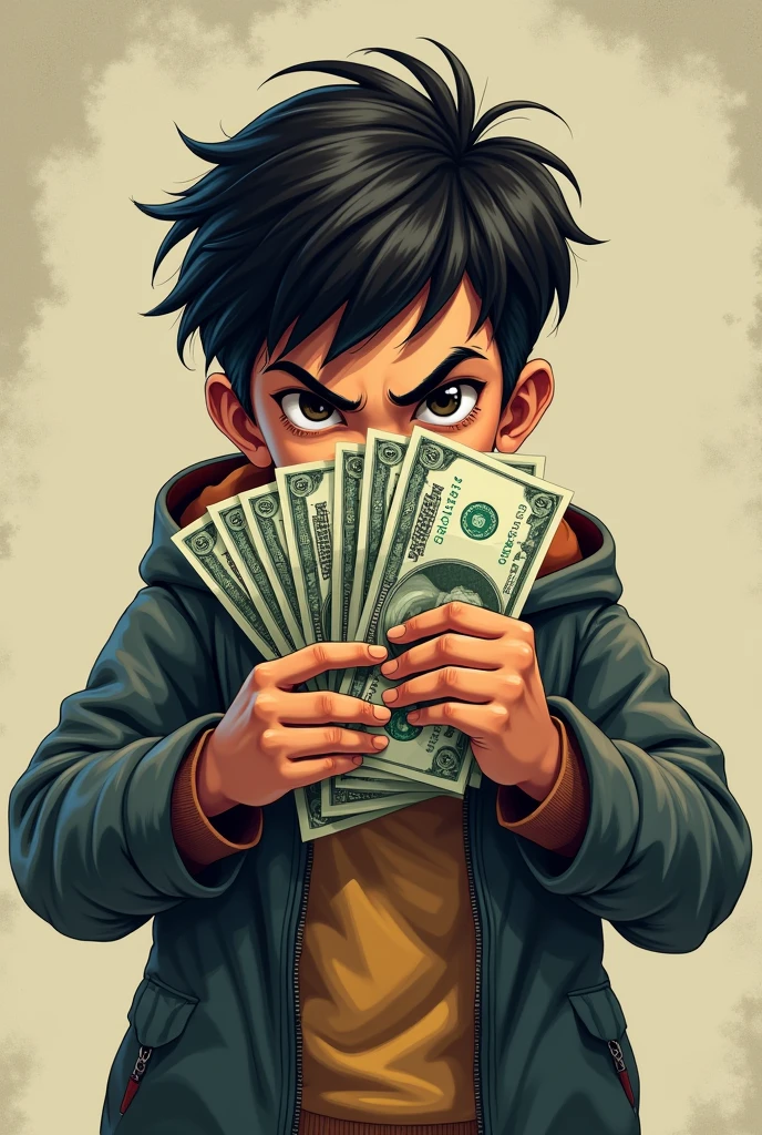 A boy in front of his face a bundle of money and he is a scammer make this type of poster