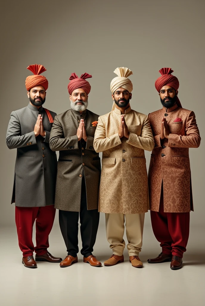 Four men doing namaste in front of camera wearing coat pant or sherwani with pagdi